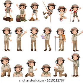 Girl in scout uniform doing different activities illustration