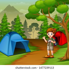 Girl in scout uniform exploring the forest