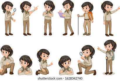 Girl in scout uniform in many poses on white background illustration