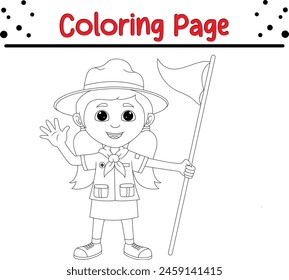 girl scout waving coloring book page for children