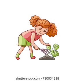Girl scratching ground with a rake, caring for a garden plant, flat cartoon vector illustration isolated on white background. Full length portrait of girl gardening, caring for strawberry plant
