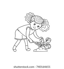 Girl scratching ground with a rake, caring for a garden plant, contour cartoon vector illustration isolated on white background. Full length portrait of girl gardening, caring for strawberry plant