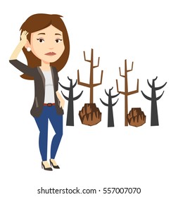 Niña arañando la cabeza sobre el fondo de un bosque muerto. Bosque muerto causado por el calentamiento global o los incendios forestales. Concepto de destrucción ambiental. Ilustración de diseño plana de vectores aislada en fondo blanco