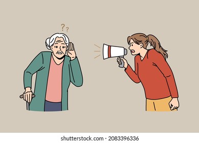 Girl scream in loudspeaker talking to impaired old grandmother suffer from hearing problems. Young female hold speaker shout yell to elderly woman suffer from deafness. Maturity. Vector illustration.