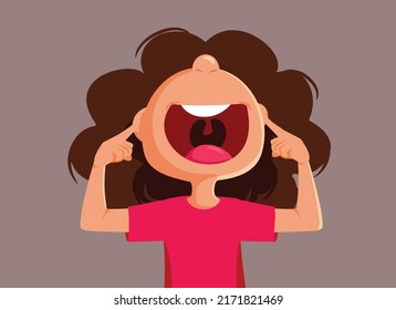 
Girl Screaming Covering her Ears Vector Cartoon Illustration. Little girl yelling over upsetting loud noise feeling frustrated and overwhelmed 
