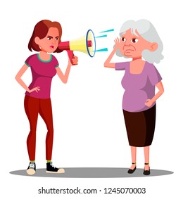 Girl Screaming To Hearing Impaired Elderly Woman Vector. Isolated Cartoon Illustration
