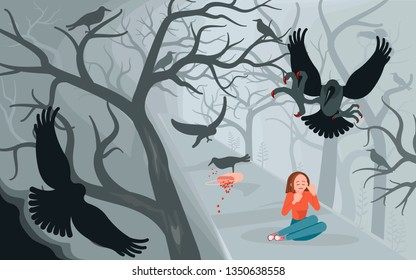 Girl screaming in horror and covers her head with her hands from Black ravens attacking her. Crows and lonely woman on Scary Halloween background with old dead trees. Flat Art Vector illustration
