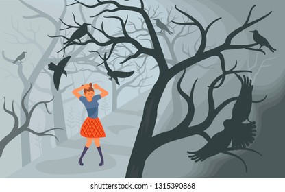 Girl screaming in horror and covers his head with his hands from Black ravens attacking her. Crows and lonely woman on Scary Halloween background with old dead trees. Flat Art Vector illustration