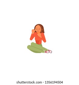 Girl screaming in horror and covers his head with his hands. Flat Art Vector illustration
