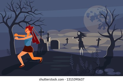 Girl screaming in horror and running away from the zombie who is chasing her. Ghost and lonely woman on Scary Halloween background with old cemetery and moonlit night. Flat Art Vector illustration
