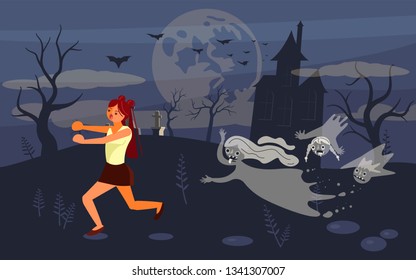 Girl screaming in horror and running away from the zombie who is chasing her. Ghost and lonely woman on Scary Halloween background with old cemetery and moonlit night. Flat Art Vector illustration