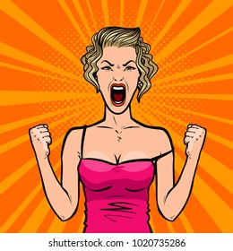 Girl screams loudly or young woman in rage. Pop art retro comic style. Cartoon vector illustration