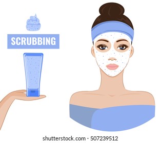 Girl scrubbing and care her face. Facial cleaning. Skin care. Design element for SPA or beauty salon poster. Vector illustration.