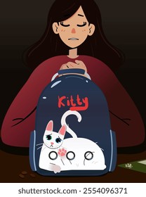 Girl with scrutch on her hands with cat in pet carrier bag in the vet clinic. Isolated vector illustrations.