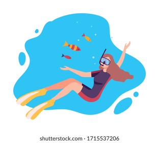 Girl Scuba Diver Schwimmen unter Wasser mit kleinen Fischen, Unterwasser-Meereslebewesen, Extreme Sport oder Hobby Flat Vektorillustration Illustration