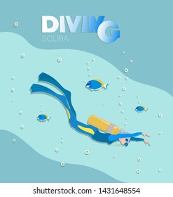 The girl scuba diver swims under water with tropical fish. Young woman in a diving suit with flippers, balon with air. Underwater background.