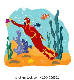 Girl scuba diver swims in the underwater world of the ocean. Illustration in flat style