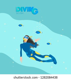 Girl scuba diver and tropical fish. A poster with the inscription. Young woman in a diving suit and fins swimming underwater against the background of the sea wave.