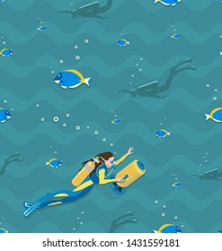 Girl scuba diver and tropical fish. Seamless pattern. Young woman in a diving suit and fins swimming underwater. Underwater background.