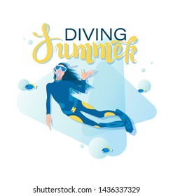 Girl scuba diver and tropical fish. SUMMER DIVING. A poster with the inscription. Young woman in a diving suit and fins swimming underwater against the background of sea water.Vector illustration