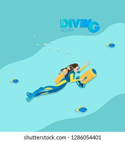
Girl scuba diver with underwater scooter and tropical fish. A poster with the inscription. Young woman in a diving suit and fins swimming underwater against the background of the sea wave.