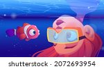 Girl scuba diver watch at clown fish underwater in sea. Vector cartoon illustration of tropical ocean with funny clownfish and young woman in mask dives head down in water