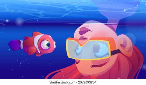 Girl scuba diver watch at clown fish underwater in sea. Vector cartoon illustration of tropical ocean with funny clownfish and young woman in mask dives head down in water