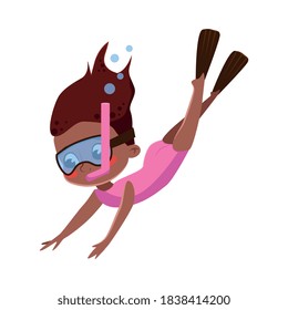 Girl in Scuba Diving Mask Swimming Underwater, Summer Sport or Recreational Activity Concept Cartoon Style Vector Illustration