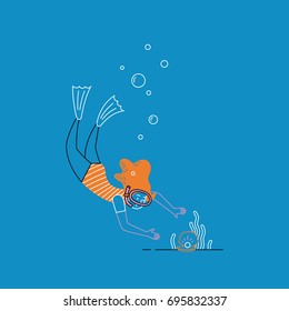 Girl scuba diving under the sea. Vector illustration.