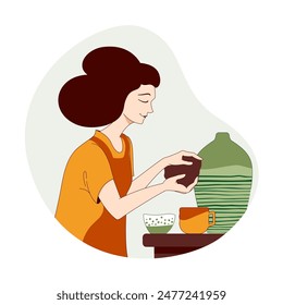 A girl sculpts a ceramic pot from clay. Vector illustration for website design. An exciting hobby. Contemporary creative artist.