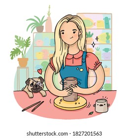 Girl sculpts from clay on a potter's wheel with a pug