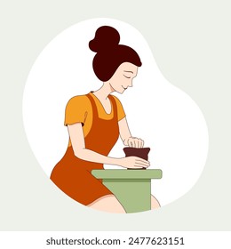 A girl sculpts a clay vessel on a potter's wheel. Vector flat illustration for web design. An exciting hobby. Girl in profile.