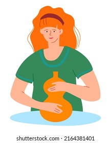 Girl sculpts a jug - modern flat design single isolated icon. Neat detailed image of woman making jug in a pottery workshop. Home decor, creation, ceramist, clay jar or vase, workshop and handmade