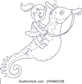 a girl with a sea horse, coloring book for fun