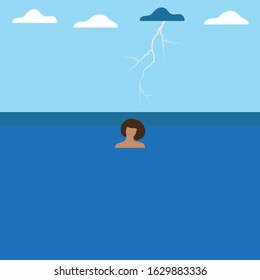 Girl in the sea and lightning from the clouds