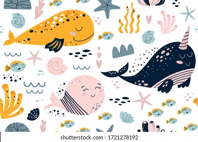 Girl sea pattern. Girls nautical seamless pattern. Cute summer seamless background with sea animals, whales narwhal fish coral. Kids textile, baby clothing, marine package design. Vector illustration.