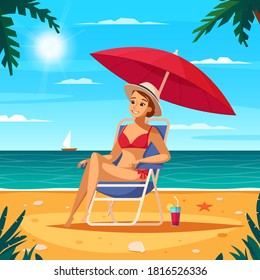 
Girl at the sea sits on the beach under an umbrella