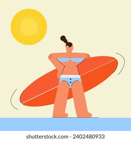 girl at sea with a surfboard