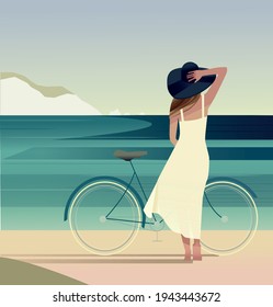 Girl and the sea. Sweet Dreams. Stock vector illustration.