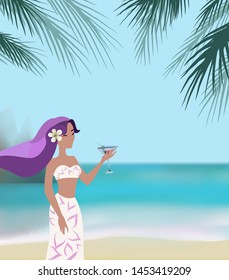 girl sea tropical shore ocean palms illustration background vector