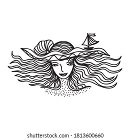 Girl and sea. Vector illustration