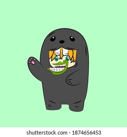 girl with seal costume. good use for sticker streetwear or t-shirt design