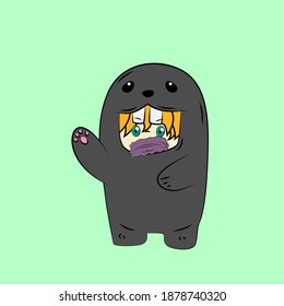 girl with seal costume. good use for sticker streetwear or t-shirt design