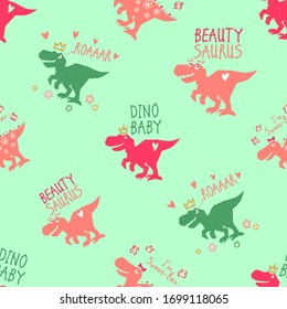 Girl seamless with beauty-saurus, t-rex dino, cute pinky dinosaurs. Cool print for baby girl t-shirt.