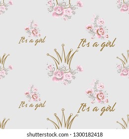 It's a girl seamless pattern. Background for little princess baby shower. Cute ornament for invitation cards and photo album decoration. Gold and pink vintage illustration on white background.