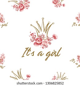 It's a girl seamless pattern. Background for little princess baby shower. Cute ornament for invitation cards and photo album decoration. Gold and pink vintage illustration on white background.