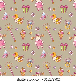 Girl seamless pattern in doodle style