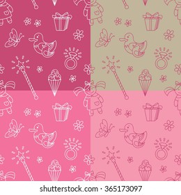 Girl seamless pattern in doodle style, set