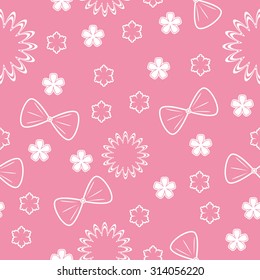 Girl seamless pattern with primitive flowers and ribbons. White elements on the pink background