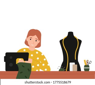 Girl seamstress at a sewing machine sews clothes. Flat vector cartoon modern illustration.
